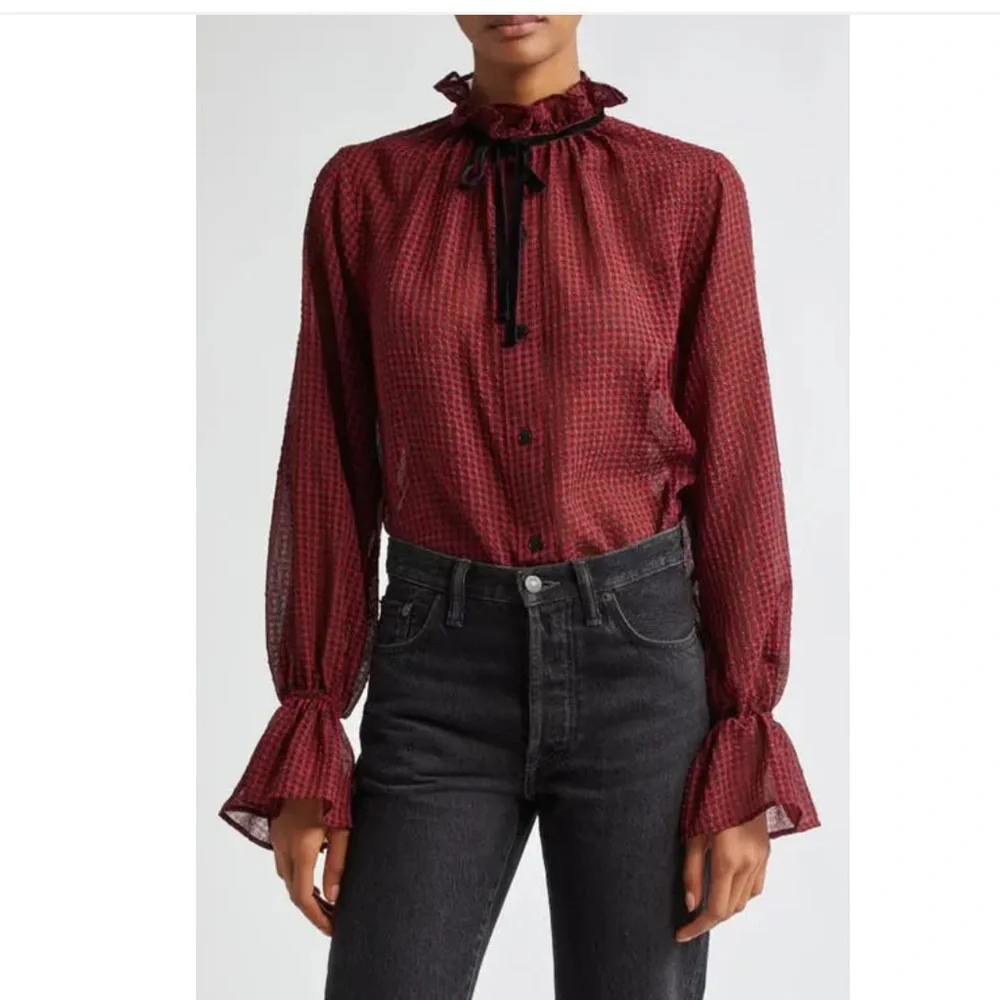 Ganni Red & Black Check Seersucker Tie Neck Shirt ♥️ - Picture 2 of 15